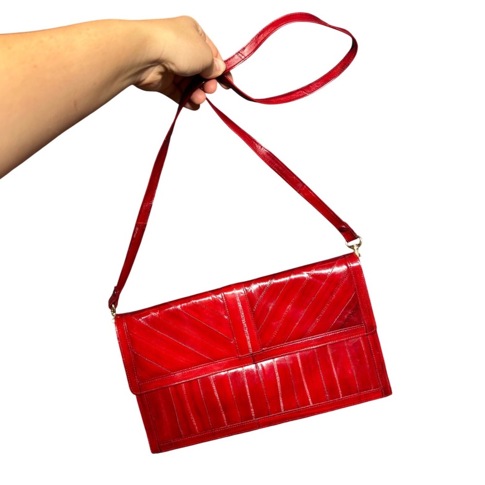 Vintage 70s red leather clutch crossbody eel skin exotic lux eclectic goth bold